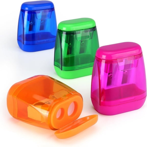 Hvmvliv Pencil Sharpener 4 Pack Double Hole Pencil Sharpener with Snap-On Cover Leak-Proof Container Oval Portable Pencil Sharpener Carbon Steel Blades for Home Drawing Office Use Multicolor