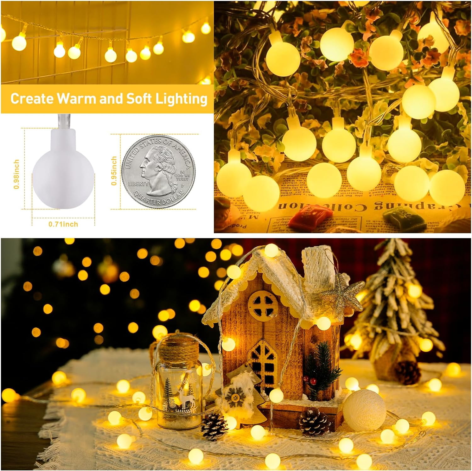 JMEXSUSS 100 LED Connectable Globe String Lights Indoor Bedroom, 33ft Warm White Christmas Lights Plug in with Remote, 8 Mode Hanging Fairy Lights Outdoor for Room Classroom Party Tree Christmas Deco