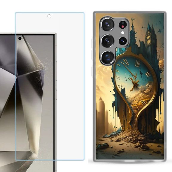 OneToughShield ® Compatible with Samsung Galaxy S24 Ultra, Shockproof Phone Case, with Tempered Glass Screen Protector - Melting Clock