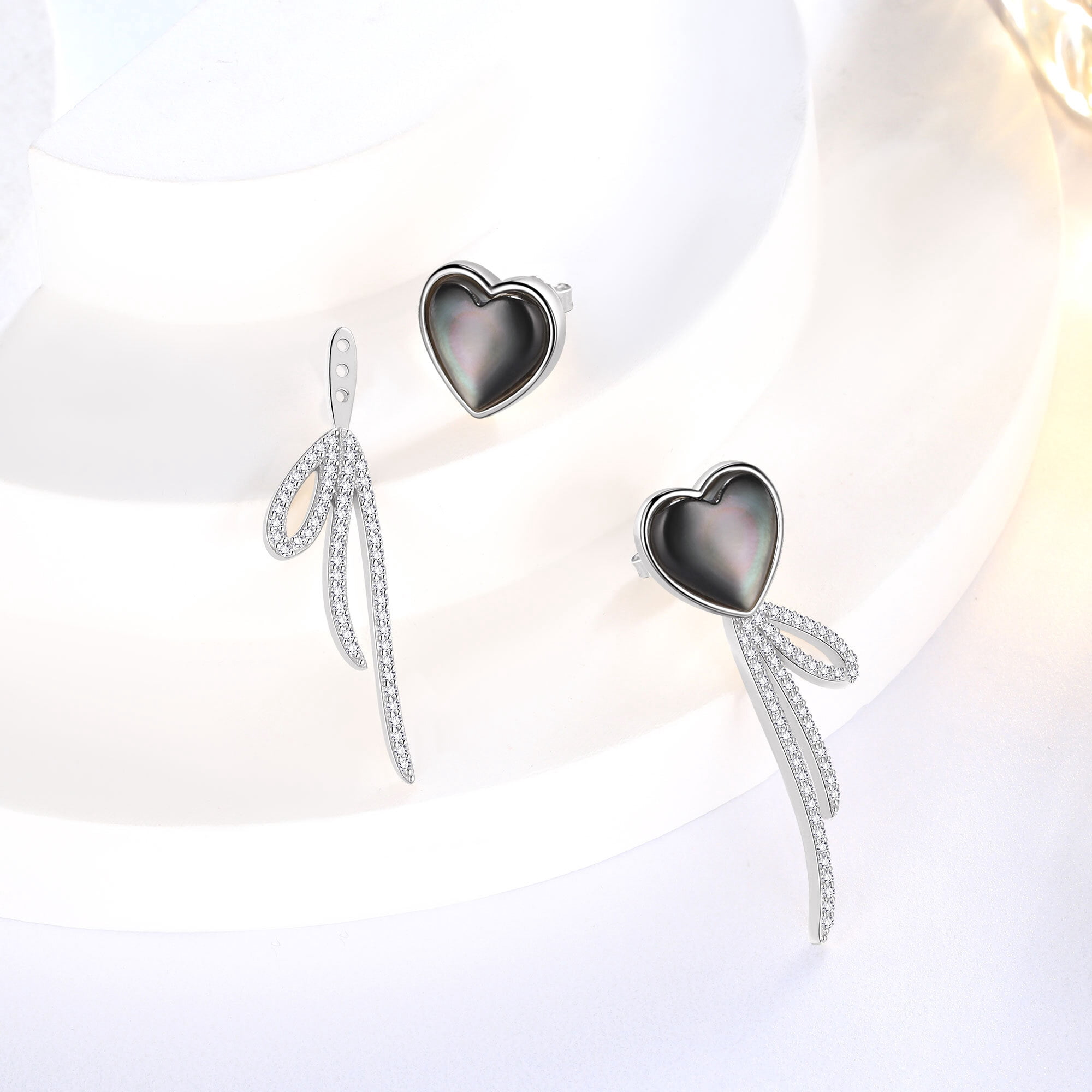 Beautlace Heart Earrings Studs,Versatile 2-in-1 Black Pearl Shell Sterling Silver Dangle Earrings Birthday/Valentines/Christmas Gifts for Women