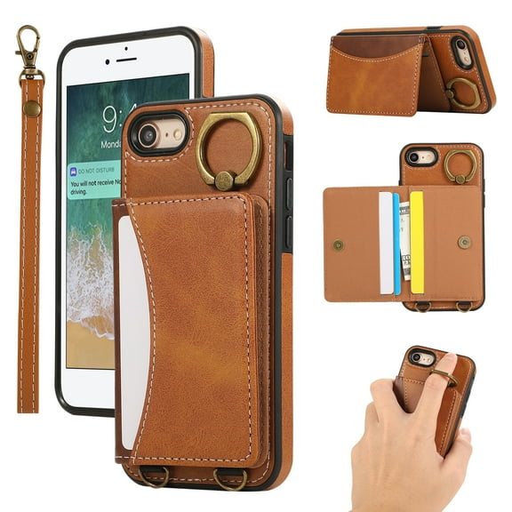 for iPhone 7 / iPhone 8 / iPhone SE 2022 & 2020 Wallet Case with Card Slots, Hand Wrist Strap Rotate Ring Design, Finger Grip Ring PU Leather Magnetic Button Shockproof Purse Phone Cover, Brown