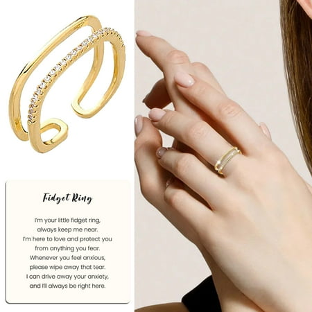 Nuyoaher Hollow Double Layer Couple Jewelry Rings Stainless Steel for Women Gold Ring Stainless Steel Double Layer Zircon Small Square Ring Open Ring Female Fashion Personality Simple Ring