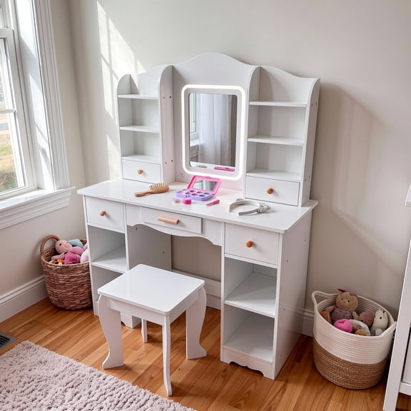 TLSUNNY Kids Vanity Set with Lights, Princess Makeup Dressing Vanity Desk W/ Bookshelf, Storage Cabinet & Shelves, Gift for Little Girls