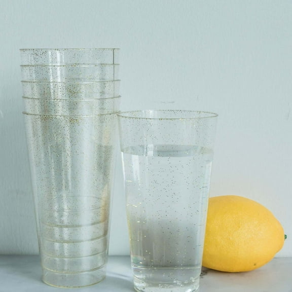 Efavormart 12 Pack 17oz Gold Glitter Sprinkled Clear Plastic Disposable Glass Cups for Wedding, Party, Banquet, Home, Picnic, Outdoor Dinnerware, Bar, Clubs, Fresh Juices, Liquors, Desserts, Cocktai