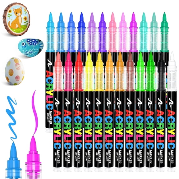 Rirool Acrylic Paint Markers 24 Colors, Brush Tip Paint Pens 1-6mm, Waterproof Opaque Paint Marker Set for Rock, Canvas, Glass, Wood, Fabric DIY Crafts