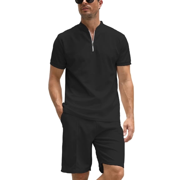 BUYJYA 2 Pieces Men's Tracksuit Casual Quarter Zip Shirt and Shorts Set for Beach Strolls Tennis Golf