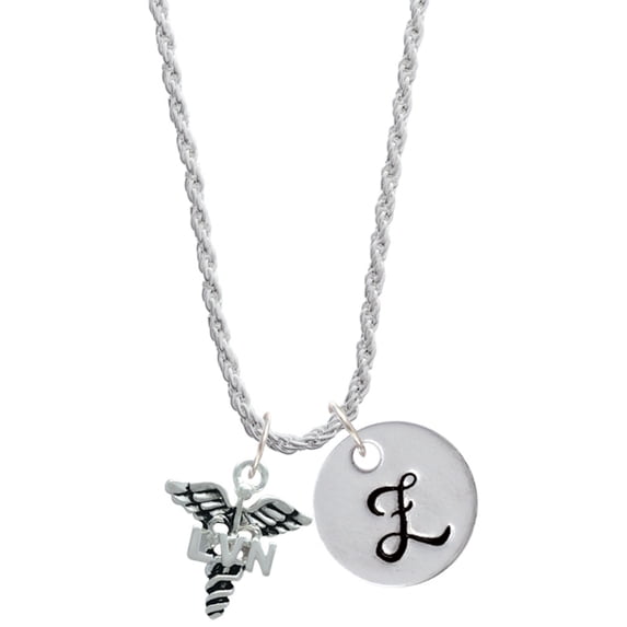 Delight Jewelry Silvertone Caduceus - LVN Silvertone Script Initial Disc - Z - Charm Necklace, 20"+3"