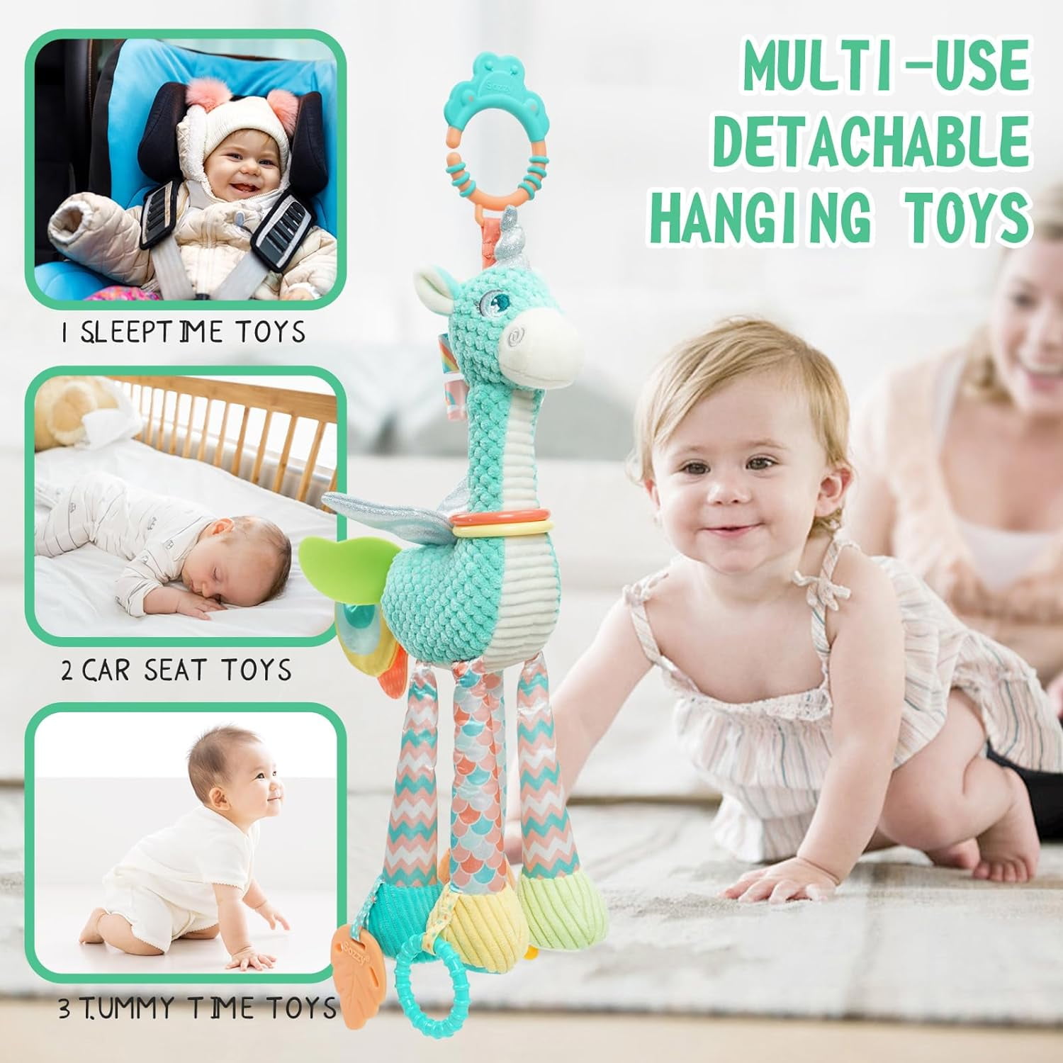 Giraffe Teething Hanging Toy, Chewable Sensory Crinkle Bell Doll for Stroller Crib Car Seat, Newborn Infant 0-12 Months Gift