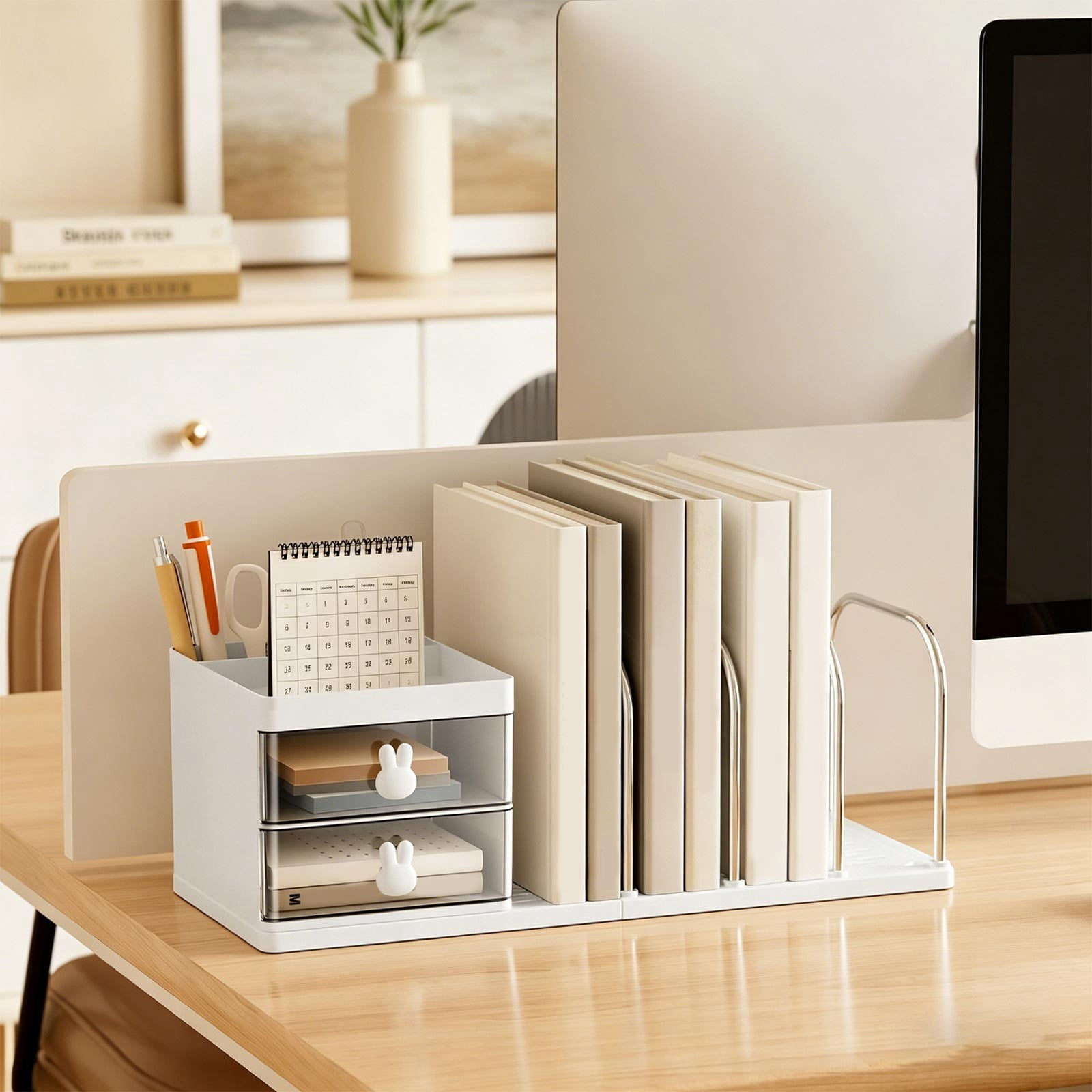 Desk Organizers, Office Organization with Accessories and Vertical File Holder, Desktop Book Shelf, for Office Supplies, Desk Accessories, for Study Room, Dorm (White)