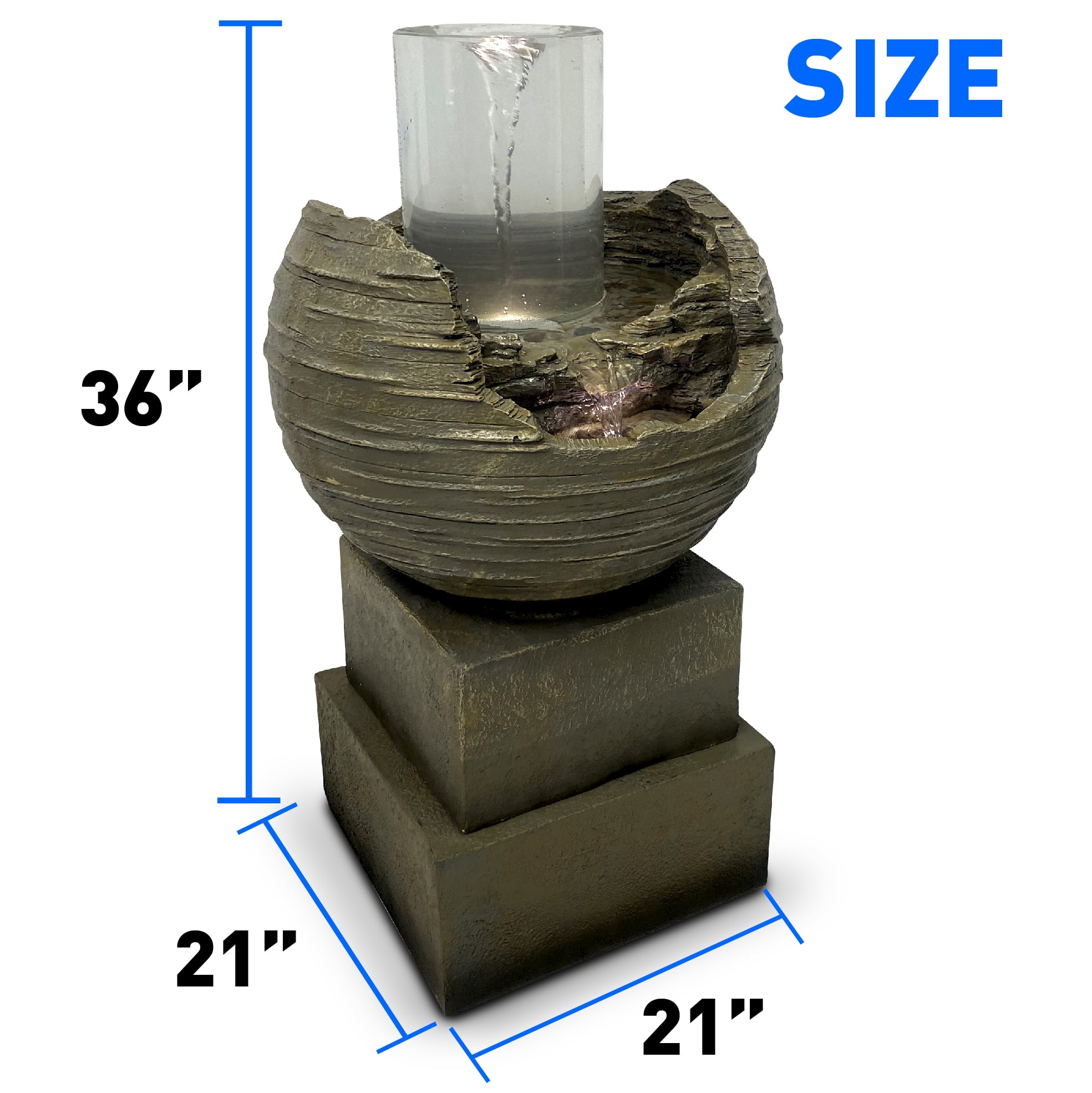 Vortex Rock Water Fountain with 6 LED Lights –Fiberglass Resin – Outdoor or Indoor Use – 2 Lights - Large 36” Tall X 21” Wide