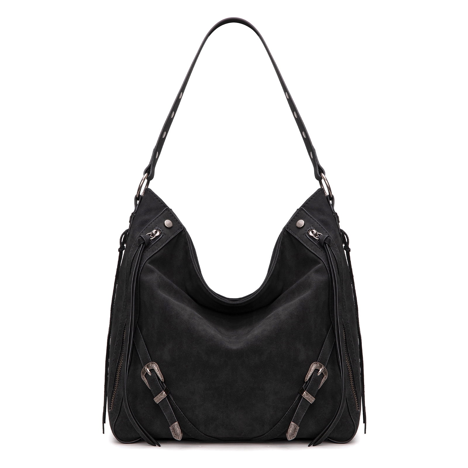 Wrangler Large Hobo Purses and Handbags for Women with Buckle and Fringe Zipper Faux Suede Shoulder Bag, Black