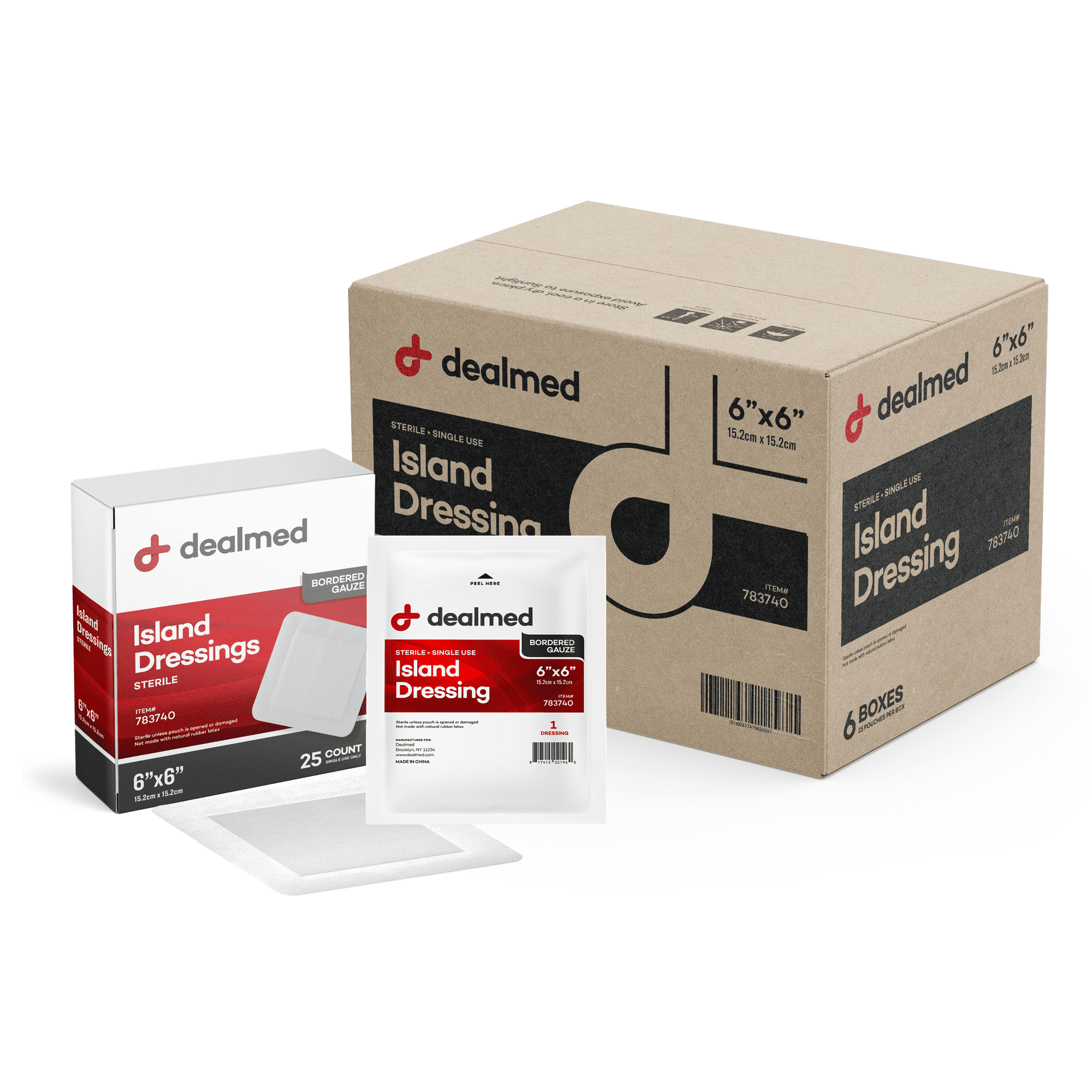 Dealmed Bordered Gauze 6" x 6" Island Dressing, Individually Wrapped, Sterile, 25/Box (Pack of 6)