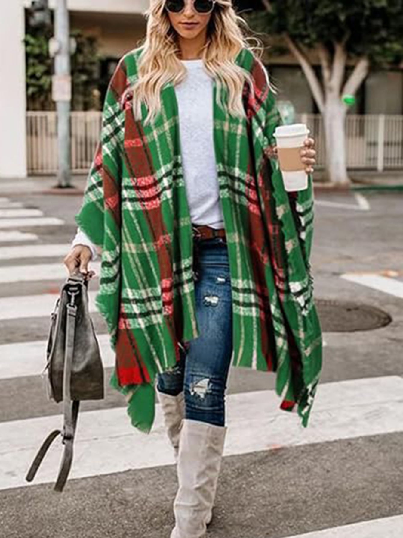 ファッション Dteck Women's Poncho - Boho Plaid, Knitted Tassel Cardigan Clothing