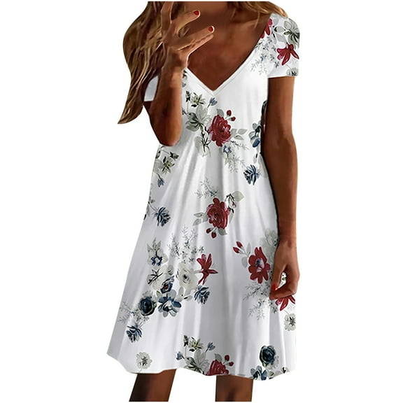 Fesfesfes Spring Dresses for Women Casual V-Neck Floral Print Long Boho Dress Loose Short Sleeve Dress