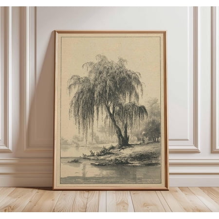 Willow Tree Vintage Landscape Rustic Nature Black White River, Unframed Paper Poster 8x10in