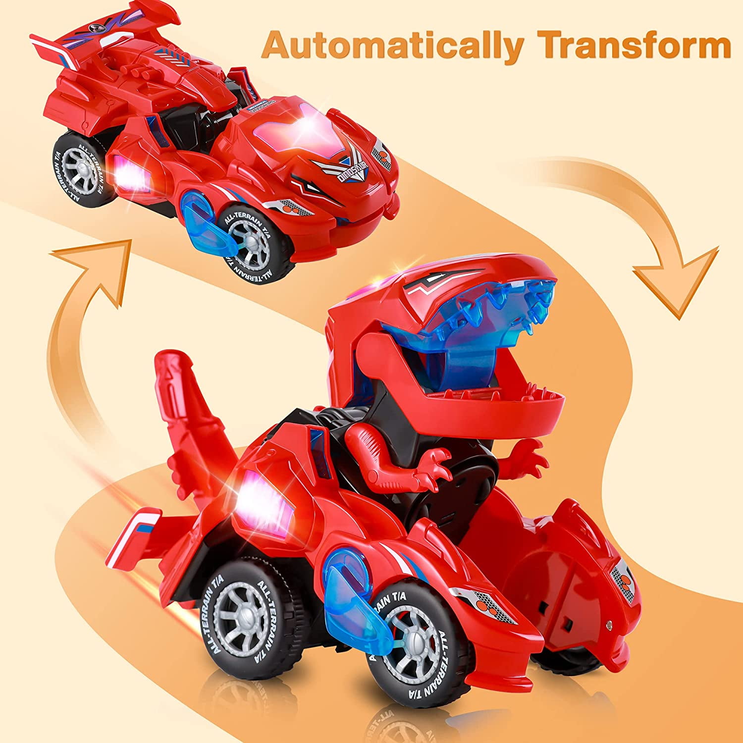 Transforming Dinosaur Car Toys, Transforming Dinosaur LED Car with Light and Music, 2 in 1