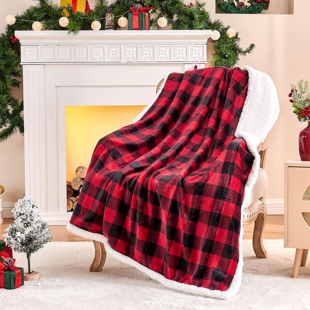 Manta BEDELITE Sherpa de forro polar rojo negro 127 x 152 cm