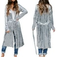 thumbnail image 2 of Autumn Women Jackets Coats Women'S Fashion Casual Silver Sequins Long Sleeve Long Button Belt Coat Cardigan, 2 of 7