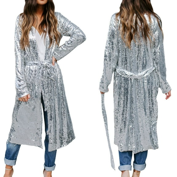 Women's Fashion Casual Silver Sequins Long Sleeve Long Button Belt Coat Cardigan Light Weight Sweaters Front Cardigan Junior Cardigans Long Sleeve over Size Cardigan Sweaters for Women Hooded Sweater