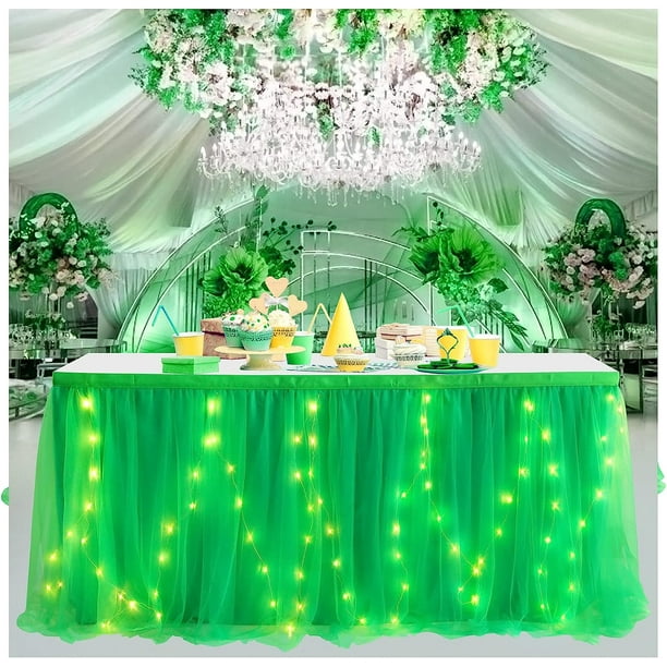 IMMEKEY 8FT Green Table Skirt with Light, Tulle Table Skirt for Rectangle Table, Table Skirts