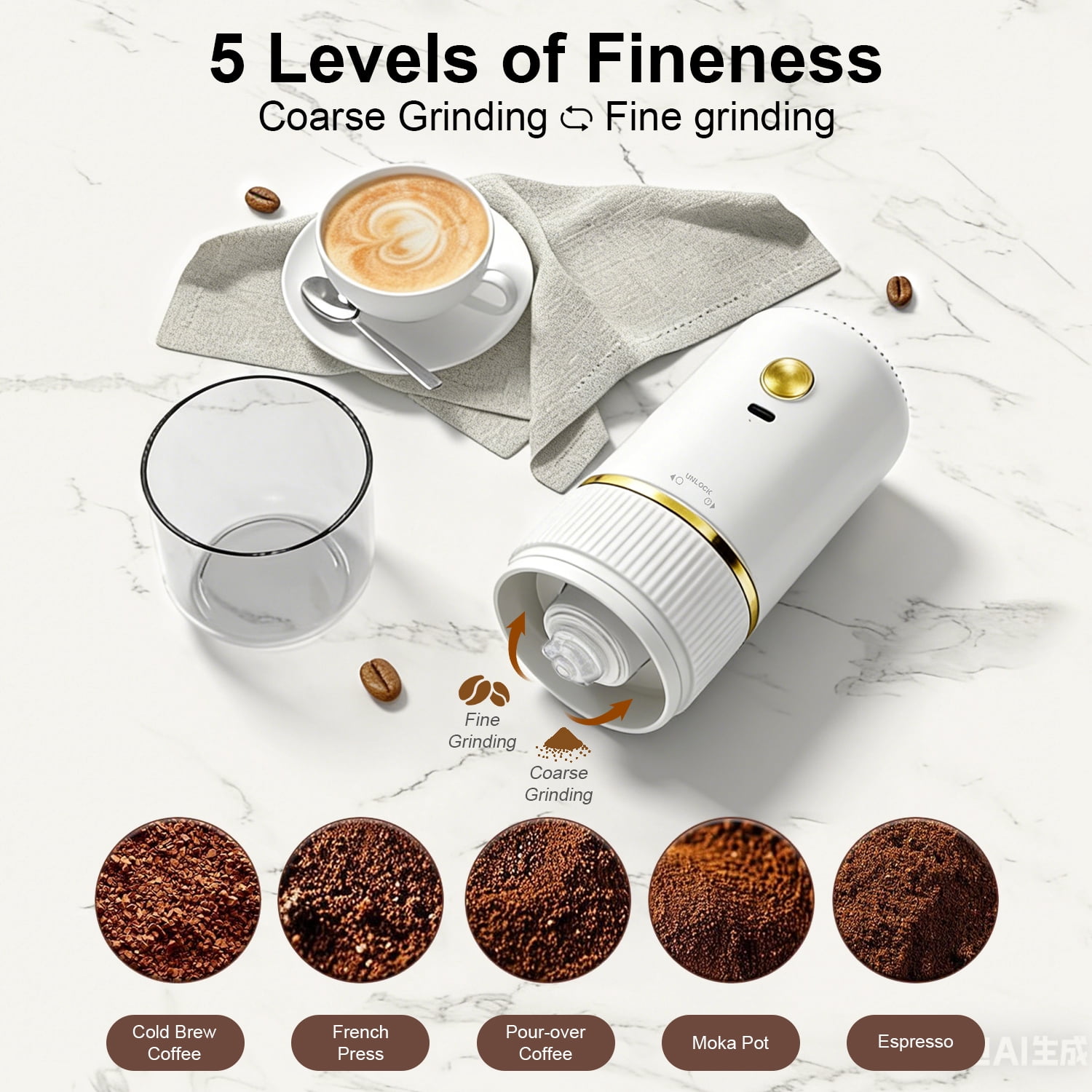 Portable Electric Burr Coffee Grinder, Mini Rechargeable Electric Coffee Bean Grinder with Cleaning Brush, Auto-Stop, Coffee Grinder for Espresso, French Press, Travel, Camping, Home & Office, White