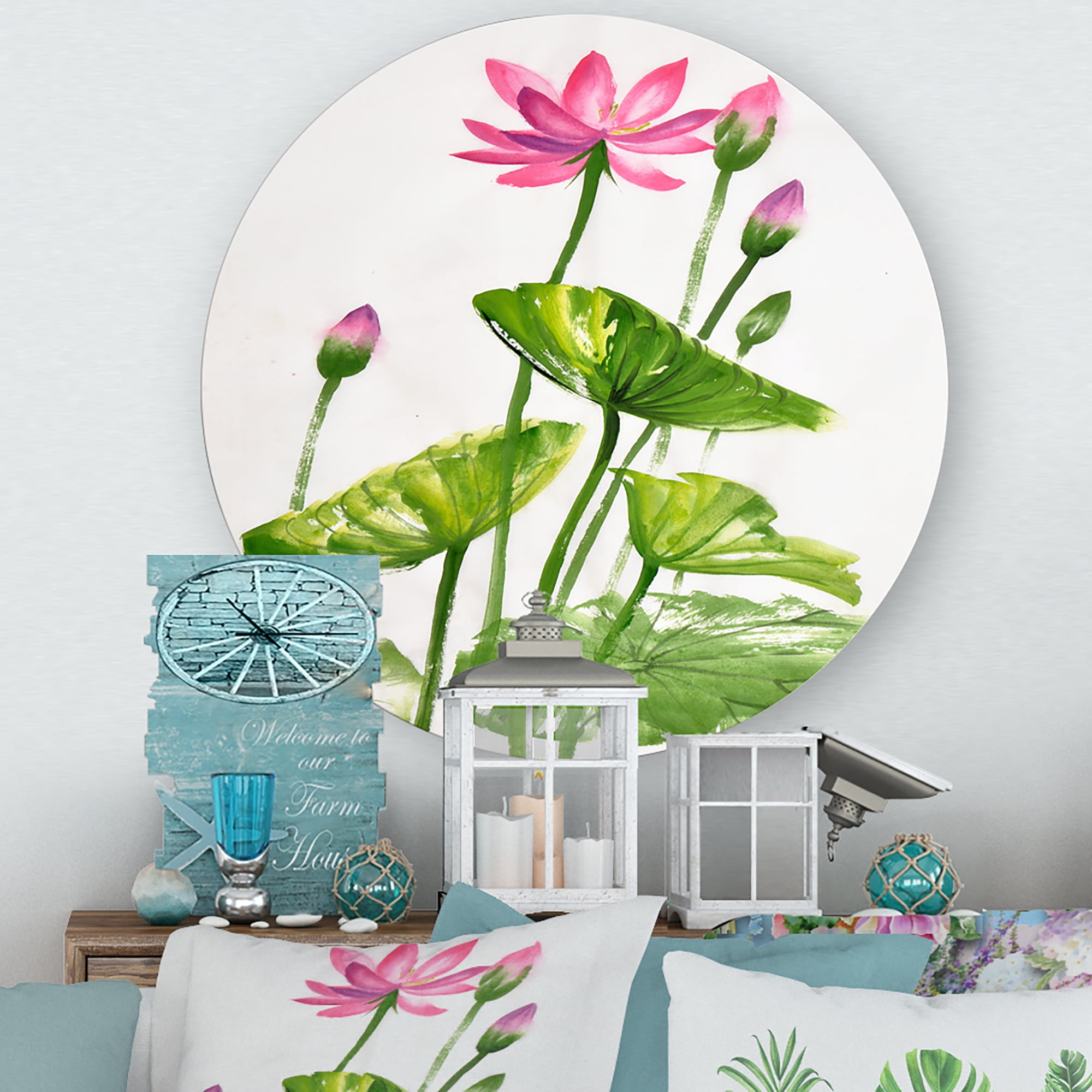 Designart 'Pink Vintage Lotuses In The Pond VII' Traditional Circle Metal Wall Art 23x23 - Disc of 23