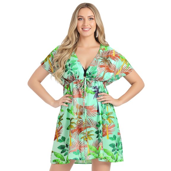 LA LEELA Women's Swimsuit Coverups Summer Cover ups for Swimwear Women Beach for Bathing Suit Bikini Dress Beachwear Cover up for Women M-L Cyan, Leaves