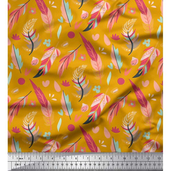 Soimoi Gold polyester Crepe Fabric Artistic Feather Print Fabric by the Yard 42 Inch Wide