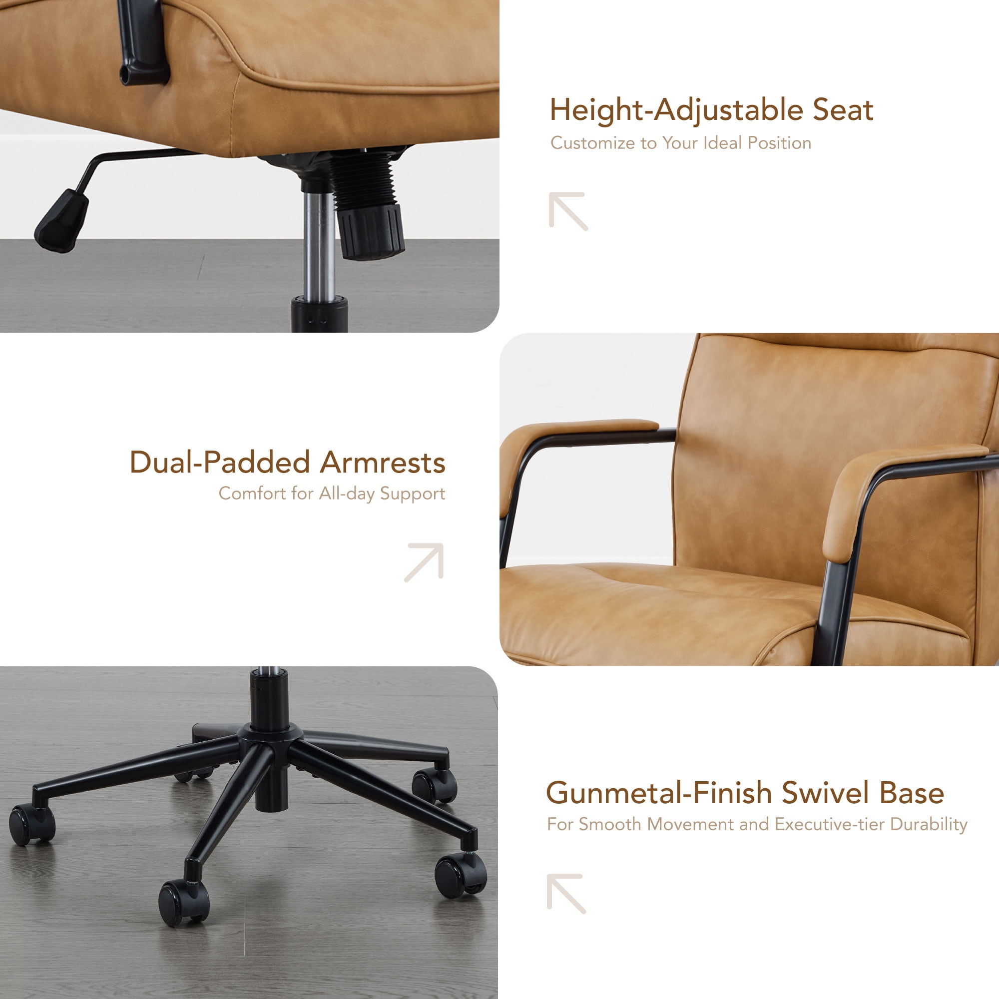 Spruce & Spring Upholstered Swivel Office Chair with Ergonomic High Back, Metal Frame & Upholstered Arms, Saddle Brown Faux Leather