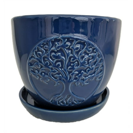 Indian Tree Saucer - Tree of Life Ceramic Planter with Attached Saucer - Blue - 6