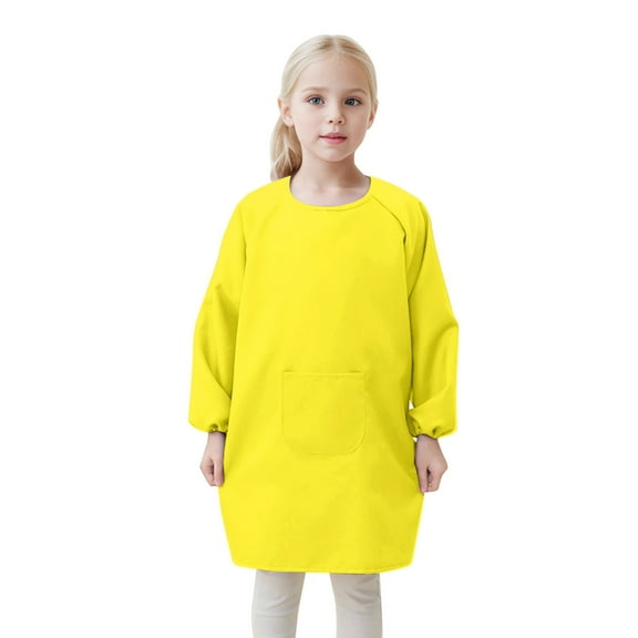 AWZXDE Girls Long Sleeve Art Smock,Kids Painting Apron with Pocket,Solid Color Toddler Coverall,Stain & Oil Proof Protective Lab Coat,Easy Clean Craft Shirt Yellow,8-12 Years