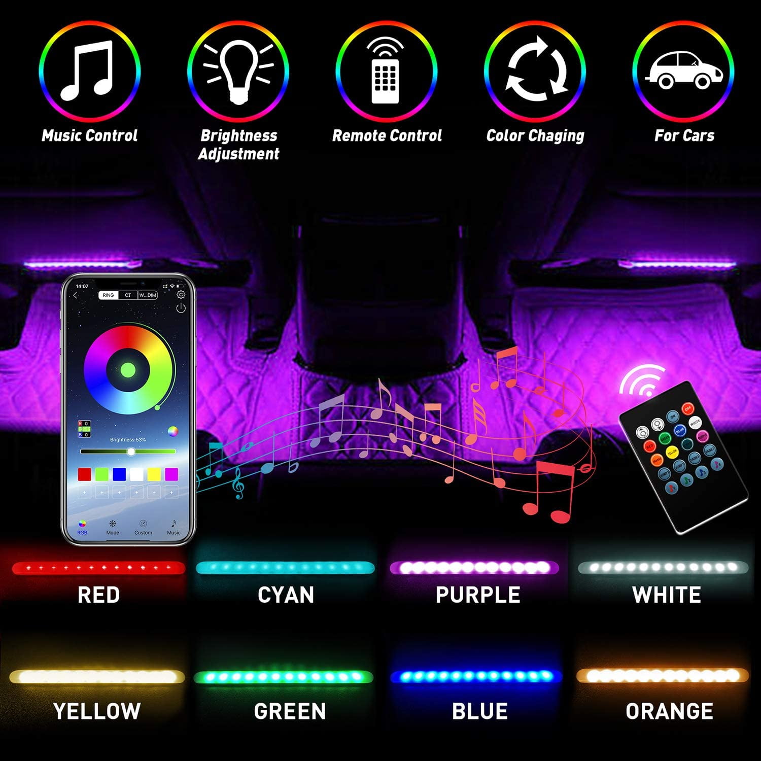 Car LED Strip Light with app, 4pcs 48 LED DC 12V Multicolor Car