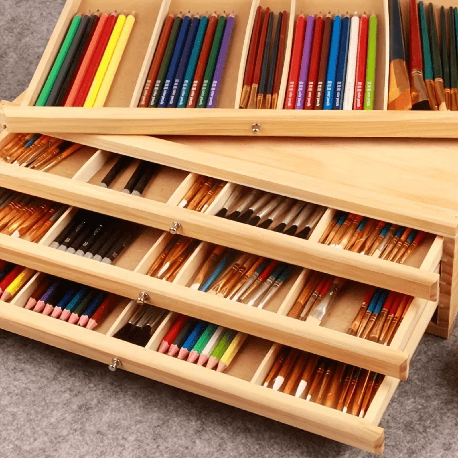 Wooden Art Supply Organizer, 4-Tier Drawer Storage Box, Natural Birch, Stackable Craft Caddy for Pencils Brushes Tools