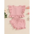 thumbnail image 5 of Musuos Little Girl 2 Piece Summer Set, 6 12 18 24M 3 4T Fly Sleeve Button Down Ruffled Tops Bow Elastic Waist Shorts Toddler Cute Clothes Set, 5 of 7