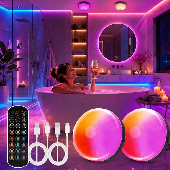 2 Pack Rechargeable Ceiling Lights, 15 RGBW Color Changing Party Lights with Remote, Waterproof LED Wireless Lights for Shower, Bathroom, Closet, Hallway & Mood Lighting