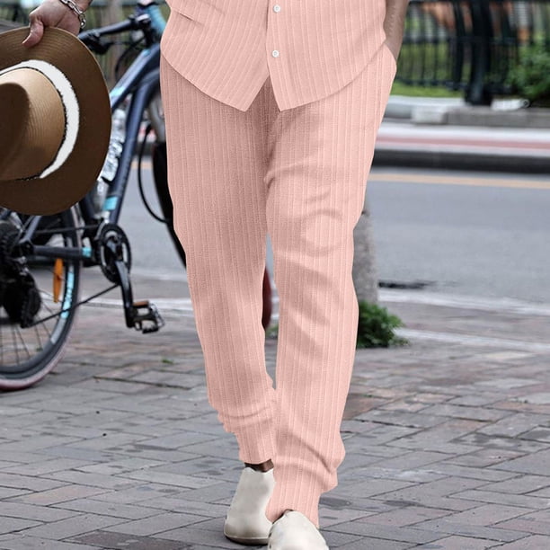 Pantalones largos para hombre, informales, con cintura elástica, a rayas, bolsillos, de algodón y lino, con paneles