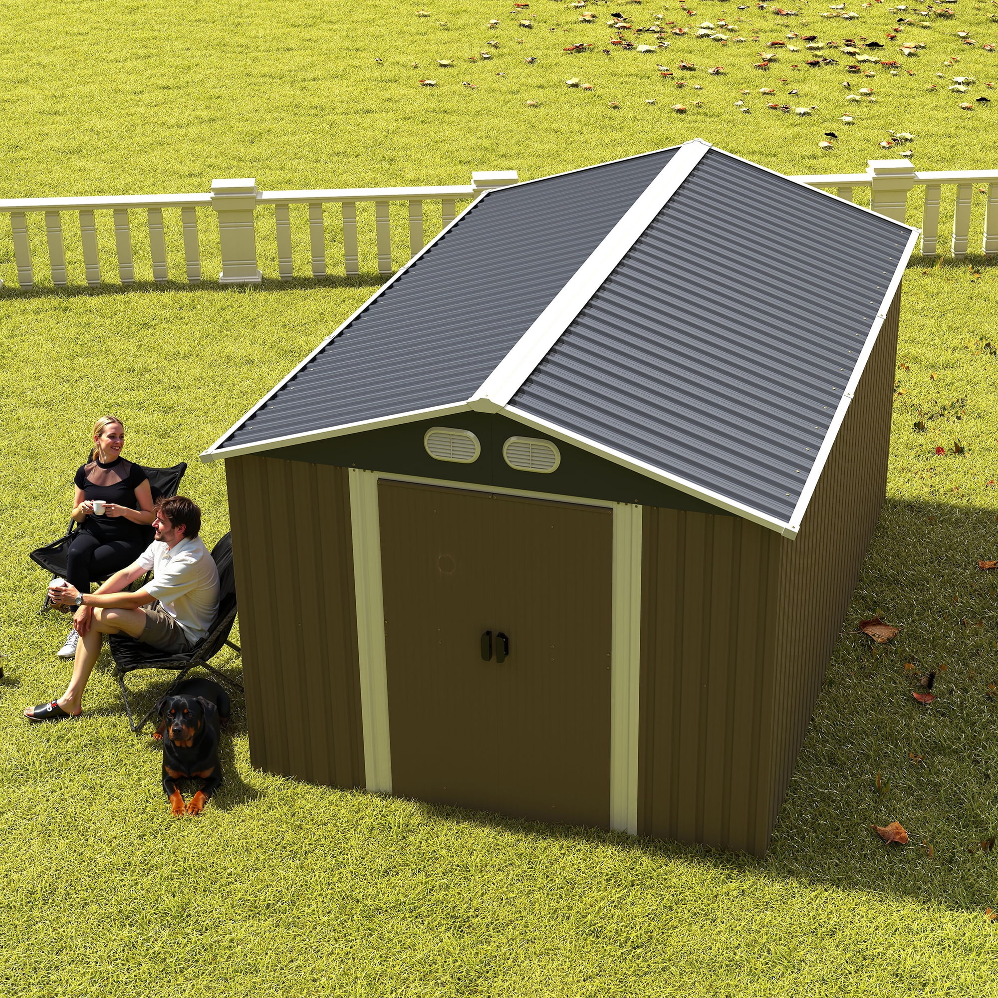 Leumius 8x12 FT Outdoor Metal Storage Shed, Large Storage Sheds with Sturdy Frame Structure, Metal Garden Tool Shed with Lockable Door for Garden Lawn Backyard Brown