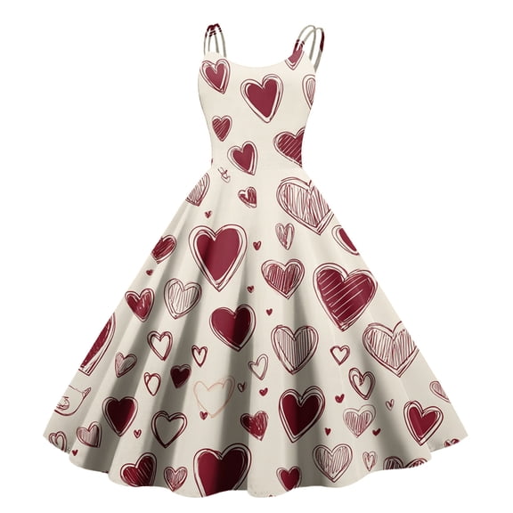 Women's Vintage Swing Dress A Line Sleeveless Heart Printed Wedding Guest Party Dresses Watermelon Red S