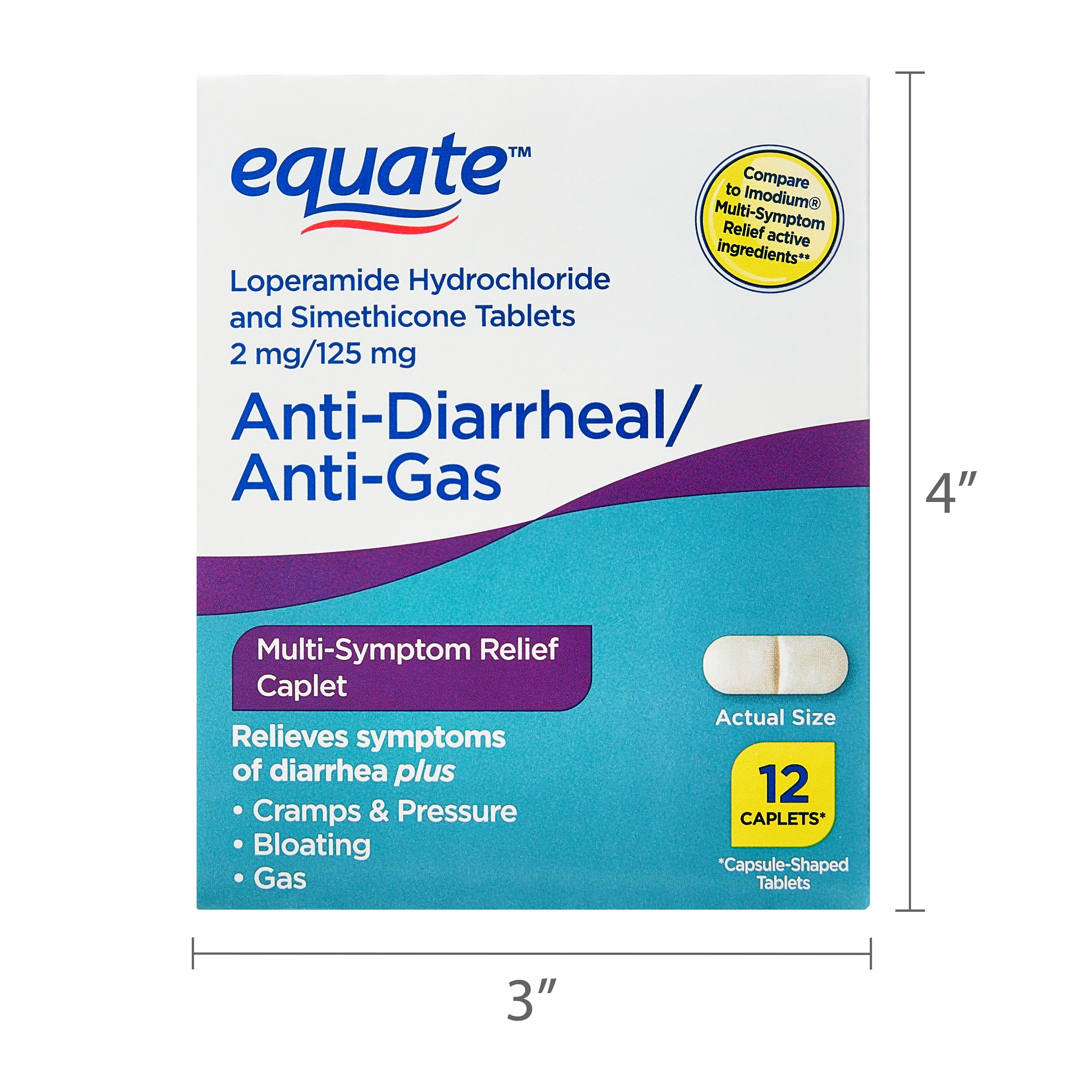 Equate Anti-Diarrheal/Anti-Gas Loperamide HCl & Simethicone Tablets, 2 mg/125 mg, 12 Count