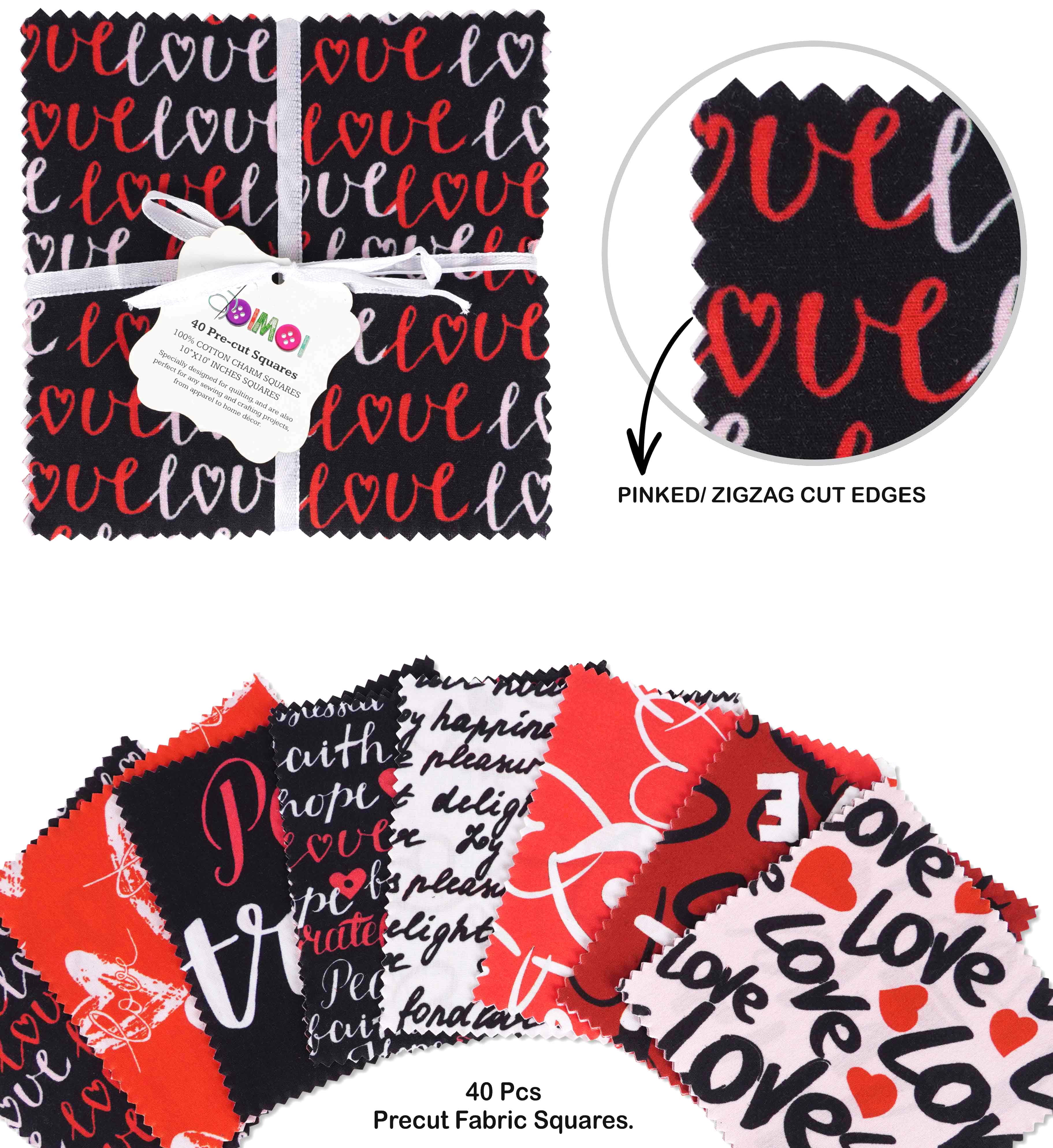 Soimoi Precut 10-inch Valentine Love Prints Cotton Fabric Bundle Quilting Squares Charm Pack DIY Patchwork Sewing Craft- Red & Black