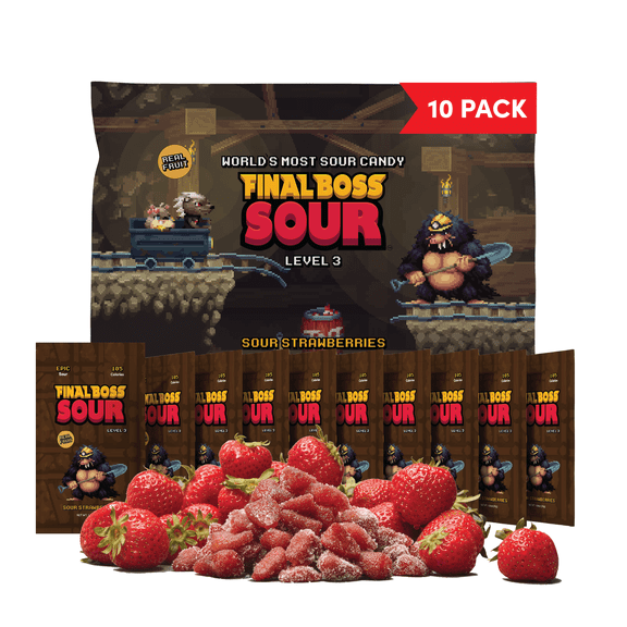 Final Boss Sour Candy, Strawberry, Sour Fruit Chews with Real Dried Fruit, 10 Pack