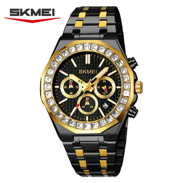 SKMEI 2380 Men's Business Quartz Watch with Stainless Steel Strap - Black & Gold, 30m Water Resistant, Zinc Alloy Case, Glass Mirror, Date & Stopwatch Functions, 45.3mm Dial Diameter, 122g Net Weight