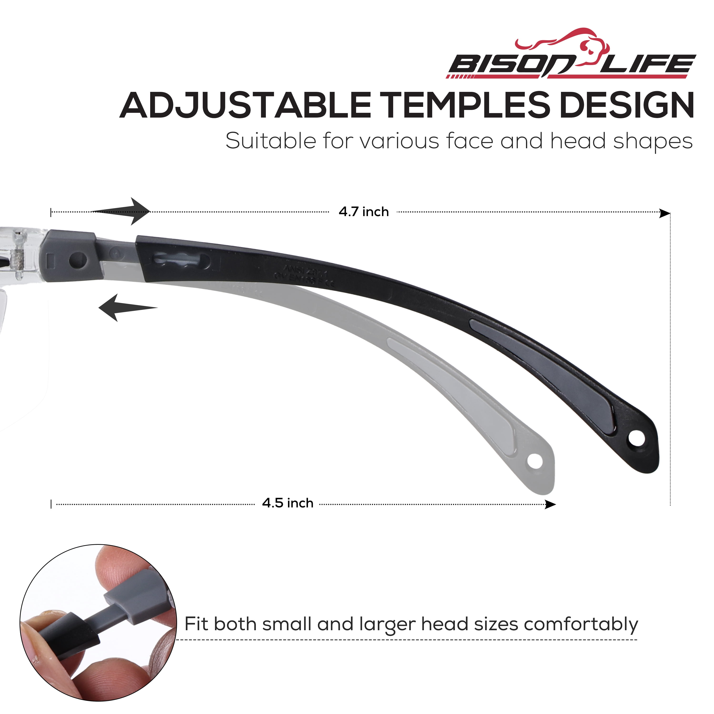 BISON LIFE HiGuard Anti-Fog Safety Glasses with Adjustable Anti-Slip Temples, Anti-Scratch Lenses & UV400 Eye Protection, Pack of 2