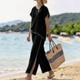 thumbnail image 5 of UPPADA 2 Piece Outfits Sets for Women Casual Summer Travel Vacation Outfits Short Sleeve Shirts and Wide Leg Pants Set Ladies Loose Linen Pants Lounge Sets Black,M, 5 of 7