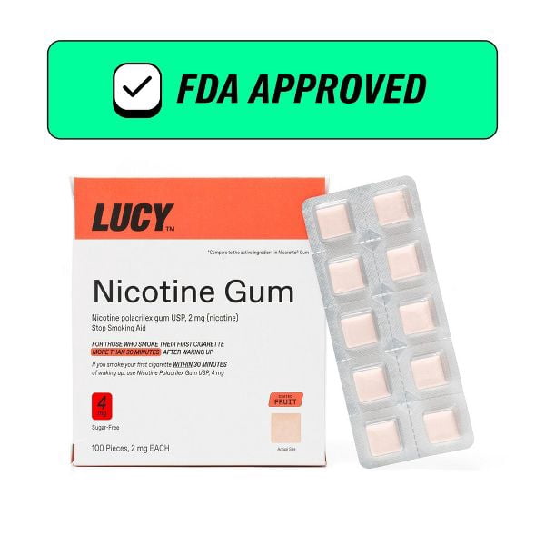 LUCY Nicotine Gum, Stop Smoking Aid and Withdrawal Support, Fruit Flavor, 4mg 100ct pack