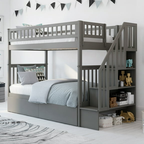 AFI Woodland Staircase Bunk Bed Twin over Twin with 2 Bed Drawers, Grey