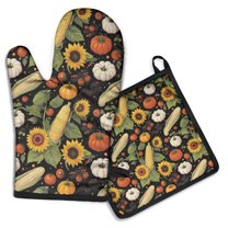 Fall Sunflower Pumpkin Kitchen Oven Mitt and Pot Holder Sets 2 Pcs for Baking, Cooking and Grilling, Heat Resistant Up To 392 °F
