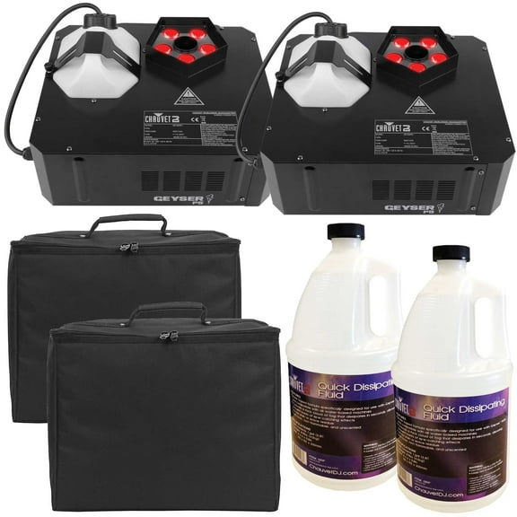 (2) Chauvet DJ Geyser P5 LED Fog Machines with Quick Dissipating Fog Fluid and Padded Carry Cases Package
