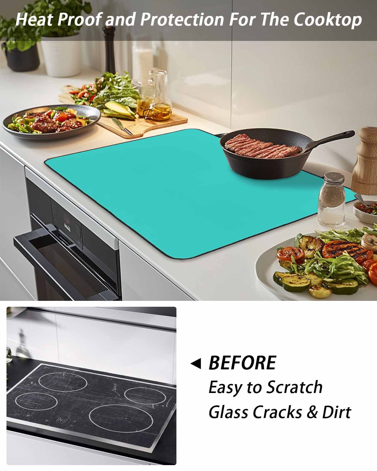 Stove Top Covers for Electric Stove, Turquoise Glass Stovetop Cover Protector, Modern Pure Turquoise Induction Cooktop Protector Oven Mat for Kitchen Countertop 24"x21"