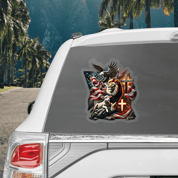 Lotusprinthandmade Lion with Jesus Eagle America Flag Transparent Vinyl Decal, christian patriotic car decal
